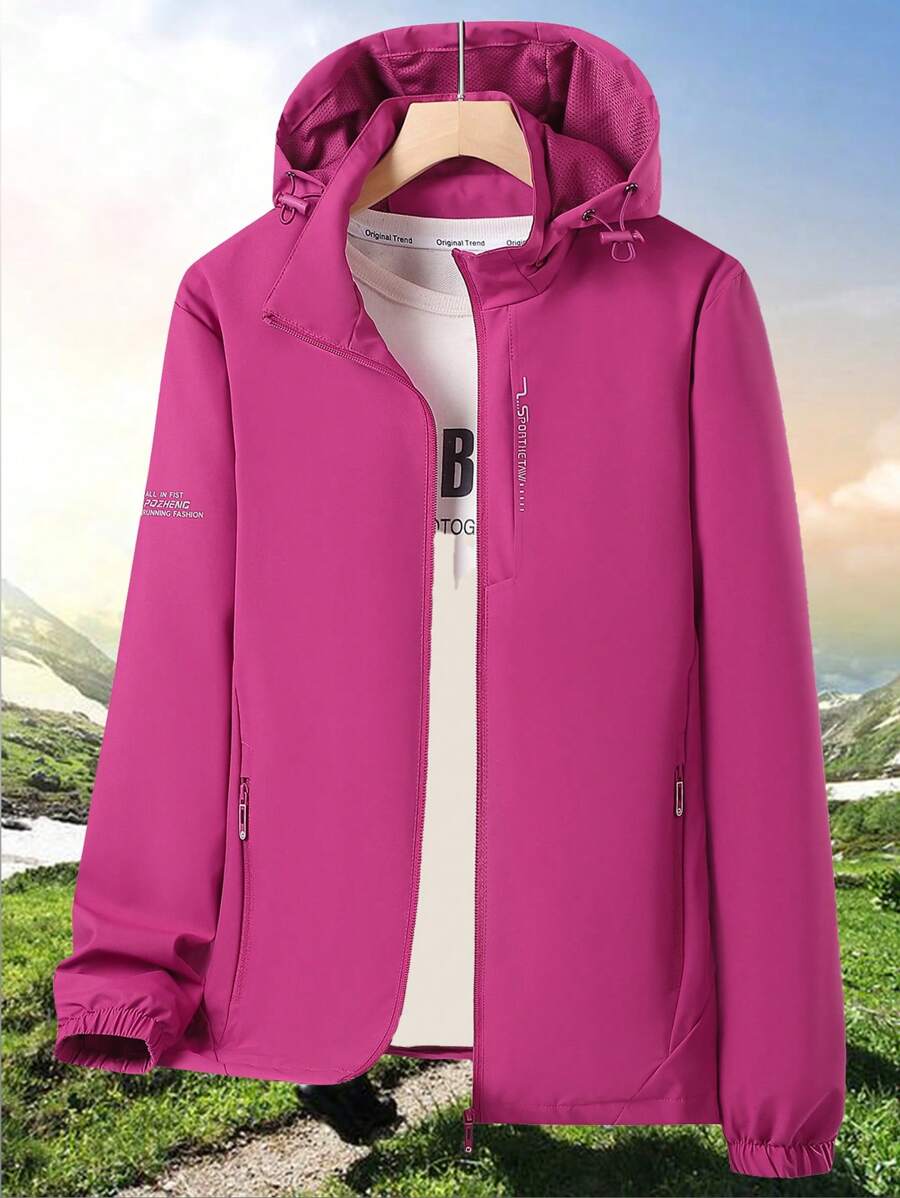 女士运动风衣外套，新款春秋季纯色连帽轻便防风户外休闲运动夹克 - 紫色 - 查看 1