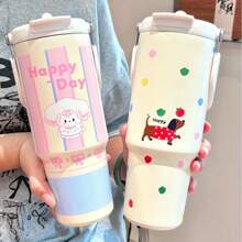 1pcs900ml容量保温冰金杯，吸管直饮双饮设计，316不锈钢内胆材质，适用于汽车、学校、生日礼物、斋月礼物、办公室等，可爱风动物图案时尚搭配，彩盒包装，四种款式可选。 - 淺藍白 - 查看 10