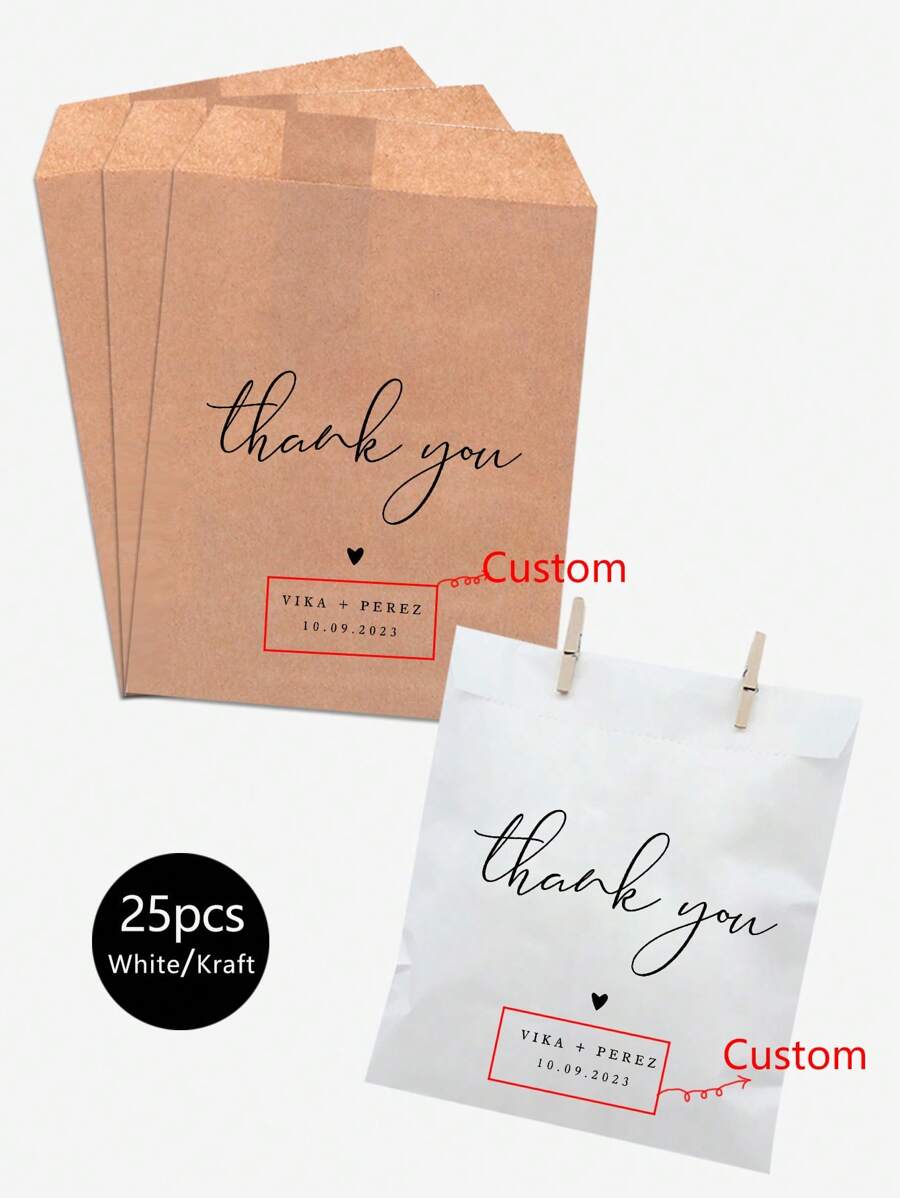 Personalized Candy Bags-Thank You Kraft Wedding Candy Bags,Set Of 25 Cookie Bag,Multi-Functional, ,Anti-Mold,Ornamental,Reusable,Exquisite,Stylish,High-Quality,Adorable,Modern,Custom,Unique,Personalized,Ideal Gifts For Him,Ideal Gifts For Her,Her,Boyfriend,Girlfriend,Dad,Mom,Family,Friends,Son,Daughter,Kids,Kitchen,Dining Room,Bedroom,Office,Living Room,Home,Garden,Tea Room,For Anniversaries,For Birthdays,For Housewarming,For Graduation - Multicolor - View 1