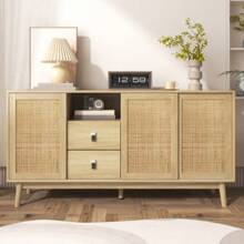 Sideboard With 3 Sliding Doors In Real Rattan And 2 Drawers, 155x38x80 Cm, Breathable, Robust And Versatile