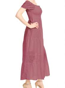 Womens Off Shoulder Boho Lace Semi Sheer Smocked Maxi Long Dress - Pink - View 4