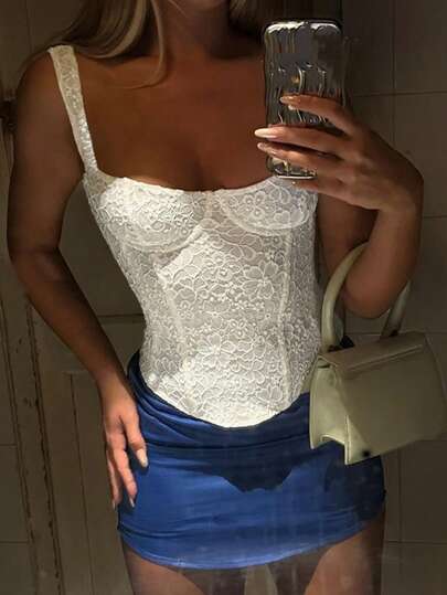 Lace Waist Cinched Sleeveless Solid Color Camisole Top For Women, Summer Casual White