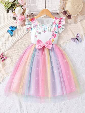 Vestido con mangas con volantes con estampado floral 3D y lazo para niñas pequeñas con degradado de color y tul esponjoso, estilo princesa fashionable para verano, casual, fiesta, vacaciones