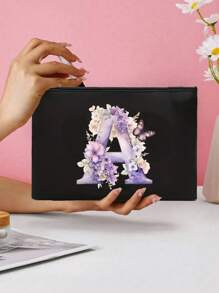Polyester Zipper Makeup Bag With Flower And Butterfly Letter A-Z Pattern, Elegant Butterfly Design Cosmetic Bag, Coin Purse, Great Gift For Lover And Family, College Dorm Makeup Organizer, Storage Bag, Minimalist Toiletry Bag, Gift Bag, Snack Bag, Mother's Day Gift, Teacher Back To School Gift, Sister Gift, Best Gift For Mother, Birthday Gift - Black - View 7