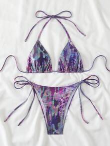 新款性感动物印花比基尼女式泳衣套装，欧美风格，独特面料，可调节三角形上衣 - 紫色 - 查看 5