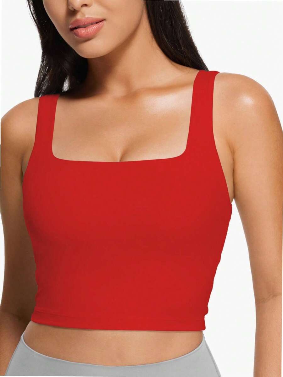 Yeeloon Women's Exercise Fitness Back Strap Square Neck Bodice Sexy Sleeveless Vest - 紅色 - 查看 1