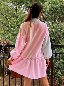 Simplee Women's Summer New Arrivals Color Block Stripe Front Button Lantern Sleeve Short Dress, Vacation Dress, Fashion & Casual