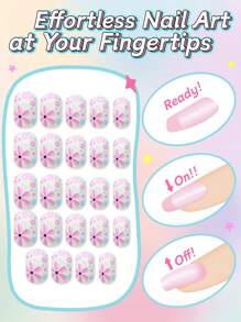 24 Pieces Children's False Nails Girls Simulation Nails Full Cover Short Acrylic False Nail Patches Set Suitable For Children's Little Girls Nail Art Decoration (Purple Flowers)