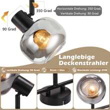 Lámpara de araña de 1/2/3/4 llamas, lámpara de araña negra moderna giratoria 350°, lámpara de araña de vidrio gris ahumado E14 para dormitorio, pasillo, cocina y sala de estar (foco no incluido)