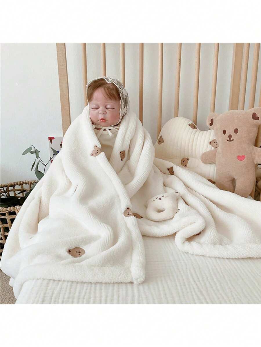 1pc Cute Bear Head Fleece Blanket, Lightweight Stroller Cover Quilt, Embroidered Children's Nap Blanket, Suitable For Spring And Autumn