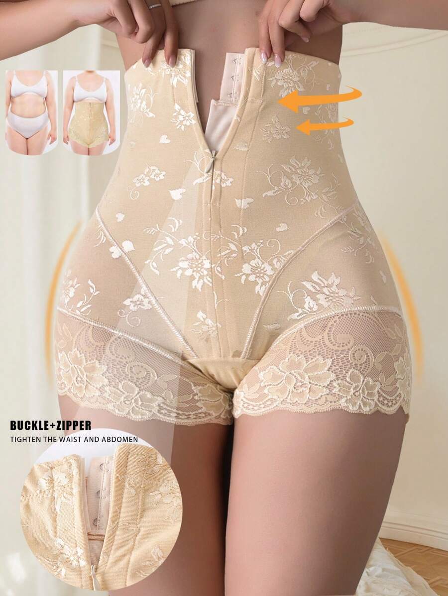 1pc High Waist Lace Shaping Panties Women's Tummy Contorl Waist Trainer Sheath Flat Belly Panty Buckle Adjustable Zipper Shapewear Lift Buttocks Underwear - Apricot - View 1