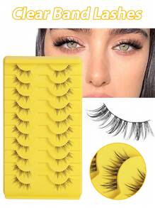 10 Pairs Southeast Asia Style C-Curl Semi-Permanent False Eyelashes, Natural & Lengthening, Faux Mink Lashes With Attached Eyeliner