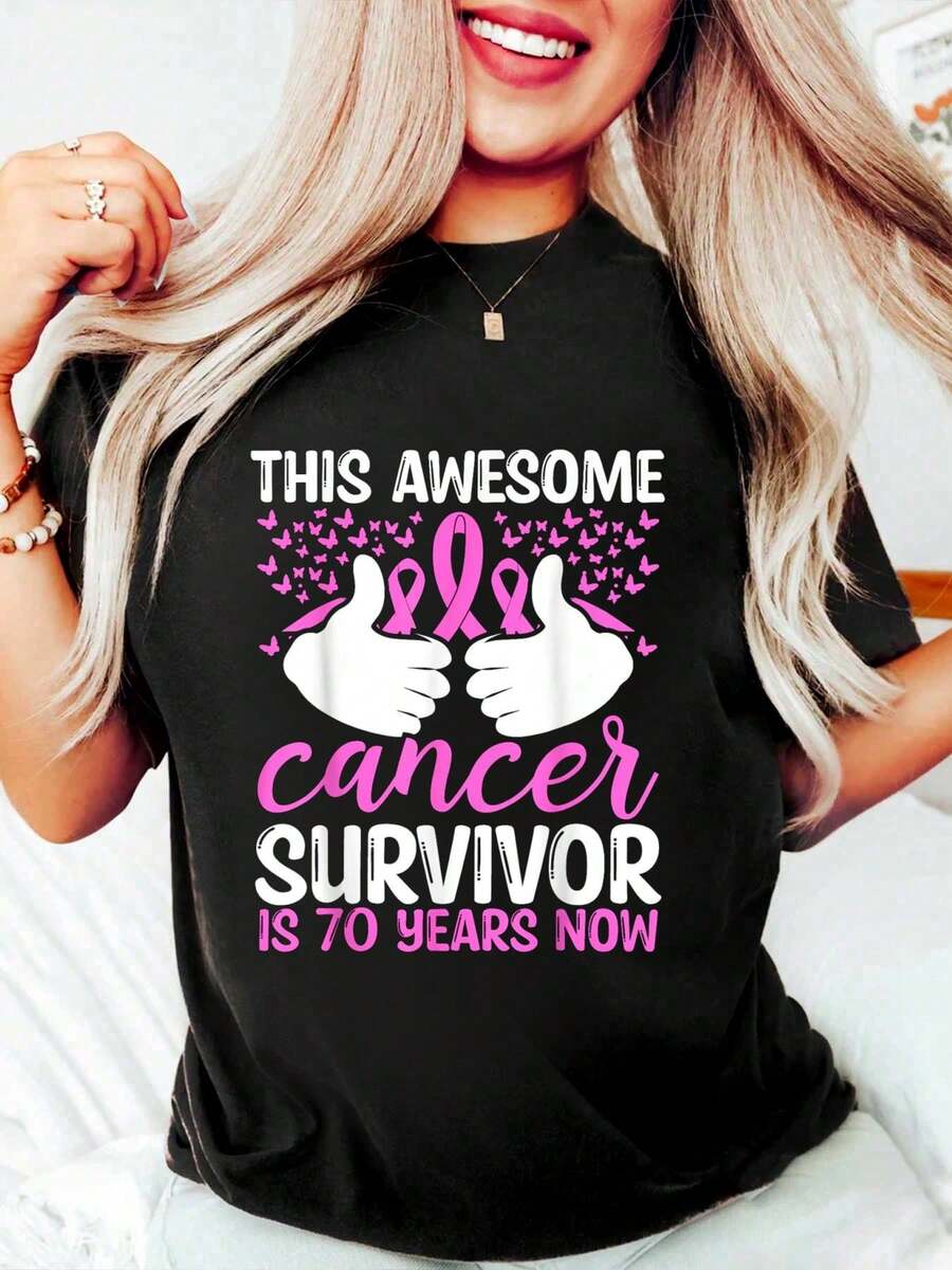 Funny Black 100% Cotton T Shirts For Women Breast Cancer Awareness Survivor 70 Years Old 70th Birthday T-Shirt Graphic Tee For Women, O-Neck Short Sleeve Casual Tops - Black - View 1