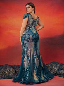 Elisanya Váy dự tiệc trang trọng thanh lịch cổ chữ V tay ngắn chất lượng cao co giãn sequin cỡ lớn cho mẹ, phiên bản sang trọng, cho buổi tối, khách dự tiệc cưới - Màu xanh ngọc - Xem 3