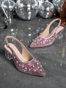 Women's Pointed Toe Crystal Heel Mary Jane Hollow Out Series Plus Size Pink High Heel Pumps, Suitable For Going Out, Party, Wedding And Other Occasions