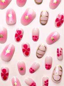 Set de 24 uñas postizas con diseño floral rosa, lunares y líneas doradas, aptas para uso diario de damas y niñas, incluye 1 pieza de pegamento de gel y 1 pieza de lima de uñas