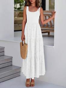Women Summer Eyelet Midi Dress Casual Sleeveless Patchwork A-Line Flowy Tiered Dress Solid Color Spring Vacation Holiday Beach Wedding Guest Valentine Long Dress Sundress - 白色 - 查看 6