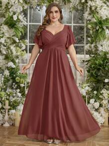 V-Ausschnitt Rüschenärmel langes Chiffon Brautjungfernkleid, einfarbig