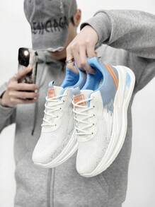 Men's Breathable Mesh Casual Sneakers, Ultra-Light Soft Sole Shock-Absorbing Running Shoes, Lace-Up Knitted Fabric Athletic Shoes For Youth, Suitable For Spring, Autumn, Four Seasons - Blue and White - View 2