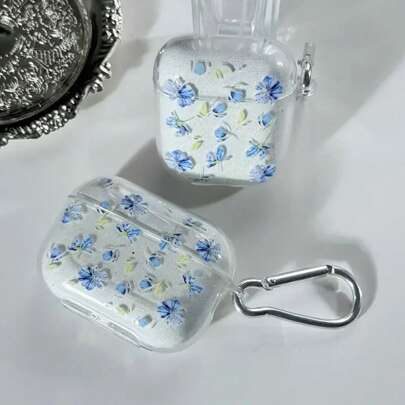 Flower 1pc Blue & Ditsy Floral TPU Scratch-Resistant Earphone Case With Carabiner, Compatible With Apple Earphone Models