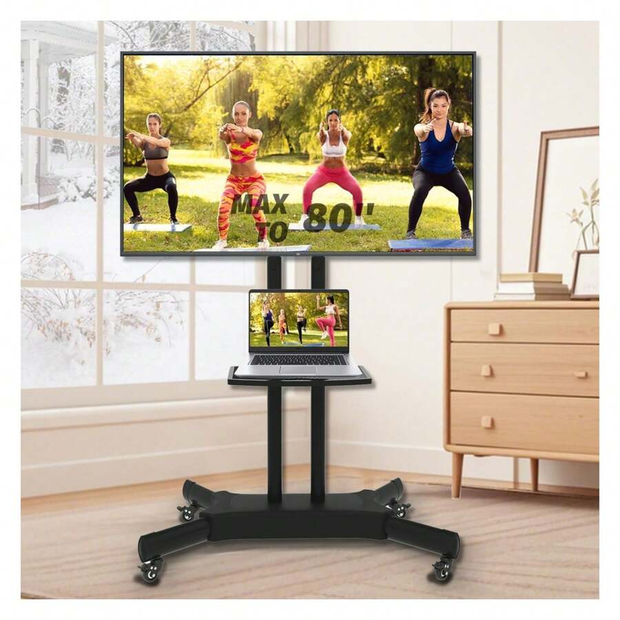 Mobile TV Cart With Wheels For 32-80 Inch LCD LED Flat/Curved Panel Screen TVs,Portable RollingTV Stand Rrlling On Wheels,Tall Floor Metal Monitor Floating Moveable Height Adjustable Mount 46.46H*33.86L*23.62W - Multicolor - View 1