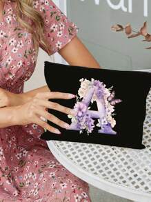Polyester Zipper Makeup Bag With Flower And Butterfly Letter A-Z Pattern, Elegant Butterfly Design Cosmetic Bag, Coin Purse, Great Gift For Lover And Family, College Dorm Makeup Organizer, Storage Bag, Minimalist Toiletry Bag, Gift Bag, Snack Bag, Mother's Day Gift, Teacher Back To School Gift, Sister Gift, Best Gift For Mother, Birthday Gift - Black - View 4