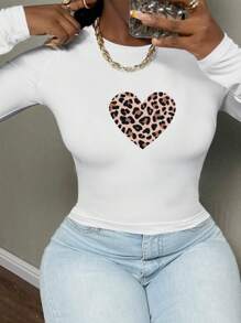 Heart Encased In Leopard Print Women's Fashion Long Sleeve Shirt