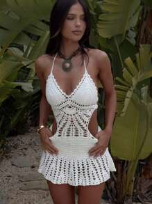 Women Crochet Knitted Halter Neck Backless Beach Mini Dress Hollow Out Tie Back Boho Dresses Swimsuit Bikini Cover Ups Bodycon Short Mini Dress Summer Holiday Sundress - trắng - Xem 2
