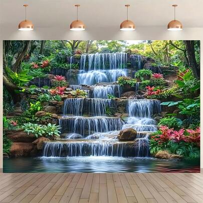 1pc Garden Waterfall Background Banner, Polyester Material, Multi-Size, Spring Theme Natural Landscape, Indoor And Outdoor Decoration, No Power, Easy To Hang, Featherless, Universal Theme