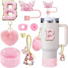 8 piezas de accesorios para taza de 40 oz y 30 oz, incluyendo tapa con pajita, tapa de silicona a prueba de derrames, funda de silicona, cadena con dije de letra, pegatina, gancho en forma de corazón, pompones con forma de corazón y bola de pelo, ideal para camping, regalo del Día de San Valentín, Día de la Madre, útiles escolares