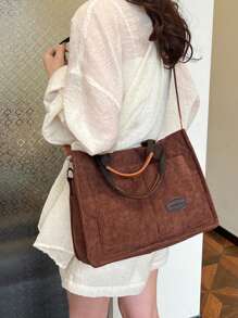 Striped Corduroy Shoulder Tote Bag, Large Capacity Foldable Commuter Bag - Coffee Brown - View 3