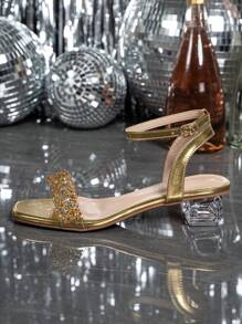Women's Crystal Chunky Heel Glass Rhinestone Champagne Color Plus Size High Heel Sandals
