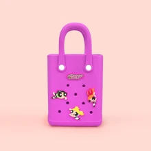 Miniso 飞天小女警系列可爱多孔手提包 - 紫色小尺寸设计，配有可互换的卡通人物饰物，非常适合日常外出和购物（1 件）