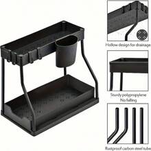 2 niveles Estantería de almacenaje de cocina negra - Organizador deslizante para debajo del fregadero, gran capacidad resistente para especias y artículos esenciales, cajón multiuso para el baño y la cocina