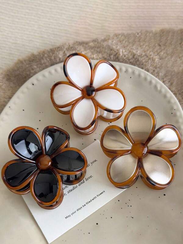 3pcs/1pc 2.95in/7.5cm Black, White, Gold Floral Plastic Hair Clips, Versatile, Elegant, Simple, Solid Color Hair Claws, Suitable For Daily, Casual, Party, Commute, Vacation, Hair Styling, Face Washing, Makeup, Outfit Matching Hair Jaw Clip Hair Clamps Hair Clutch Hair Catcher Clip