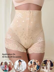 1pc High Waist Lace Shaping Panties Women's Tummy Contorl Waist Trainer Sheath Flat Belly Panty Buckle Adjustable Zipper Shapewear Lift Buttocks Underwear - Apricot - View 7