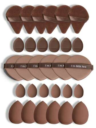 30件套化妆粉扑套装，干湿两用粉底化妆工具，女士美妆工具，粉底晕染美妆蛋，多功能化妆海绵套装，包含：6个液体美妆蛋 + 6个迷你液体美妆海绵 + 6个三角粉扑 + 6个气垫粉扑，价格实惠，适合作为圣诞礼物，化妆品，化妆工具，平价好物，礼品，女士礼品，圣诞礼物