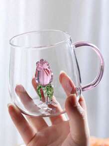 1pc 400ml 3d Rose Flower Design Single Layer Glass Cup With Clear Straight Body, For Juice, Beverage, Water, Milk Tea
