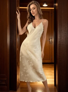 1pc Women Sexy Spaghetti Strap Maxi Dress, Champagne Silk Jacquard Adjustable Slip Dress Sleepwear, Long Gown Suitable For All Seasons - Champagne - View 5