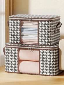 1pc Clothes Storage Bag, Large Capacity Transparent Window, Houndstooth Check Visible Window, Non-Woven Wardrobe Storage Bag, Dustproof And Foldable Storage Bag For Quilt And Clothing, Essential Storage Bag For Home And Dormitory