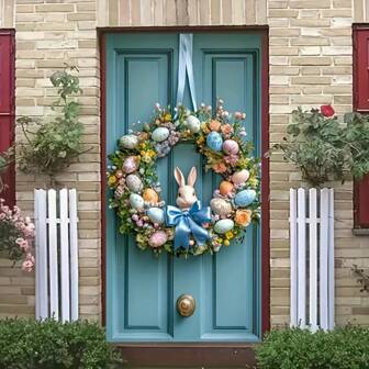2D Corona di Pasqua con coniglietto e uova - Decorazione in poliestere vivace per interni/esterni, ottima per casa, giardino e festeggiamenti, senza alimentazione elettrica richiesta
