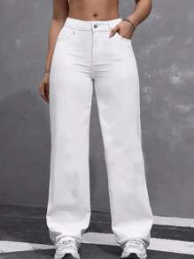 Women's Wide Leg Jeans, High Waist, Various Colors - 白色 - 查看 1