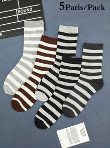 5-Pack Men's Crew Socks, Fashionable Stripe & Zebra Pattern, Casual & Formal Wear, Tall High-Waist Style - Multicolor - View 2