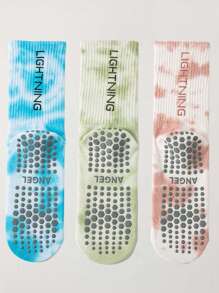 3 Pairs Women All Season Yoga Socks, Tie-Dye & Letter Print Silicone Non-Slip Sports Socks - Multicolor - View 13