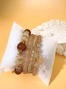 1 Set Of 4 Random Crystal Beaded Bracelets - Coffee Brown - View 4