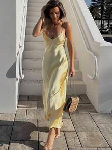 Vestido amarelo de verão para mulher, vestido longo elegante de noite em cetim, com alças finas, costas nuas, para convidada de casamento, madrinha, baile de finalistas e festa - Amarelo - Ver 4