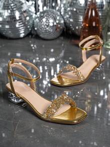 Women's Crystal Chunky Heel Glass Rhinestone Champagne Color Plus Size High Heel Sandals