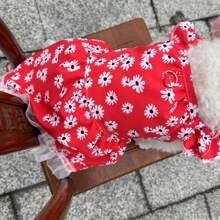 Dog Dress With Ruffle Sleeves, Daisy Flower Decor, Leash Attached, Cute Princess Style For Pets, Spring/Summer - Red - View 6