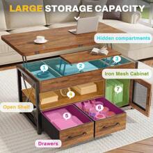 Itaar 40" Lift Top Coffee Table, 4 In 1 Coffee Tables With Storage Cabinet For Living Room, Small Farmhouse Coffee Table With 2 Fabric Drawers & LED Light For Dining Room, Black - 質樸的棕色 - 查看 3
