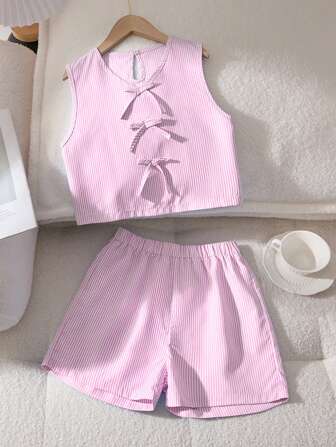 2 Pieces Elegant Casual Tween Girl Vest Set, Fashionable Waterdrop Buckle Vest Sleeveless Top+Sports Shorts Set, Comfortable And Soft Fabric, Suitable For Festivals Such As Spring, Summer, Autumn, Winter, Etc., Suitable As An Outdoor Gift For Daughters